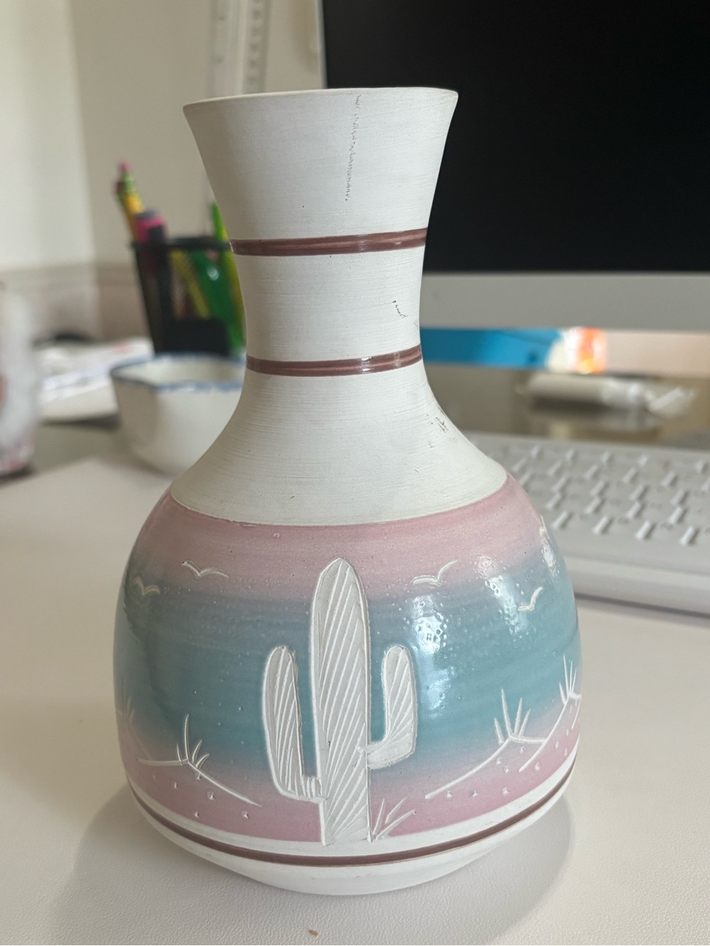 Mexican clay vase Hand-Painted Desert Cactus Vase in Pink & Blue